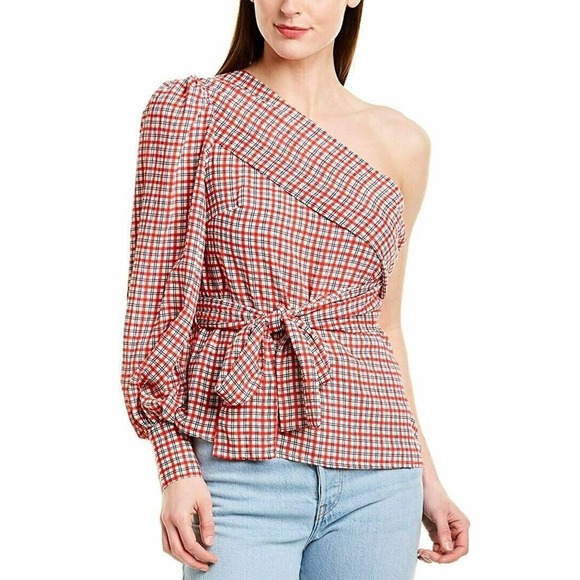 C/Meo Collective Counting All Top Med 6 Red Multi One Shoulder Plaid Tie Waist - Picture 6 of 10